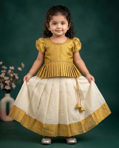 Image of Stanwells Kids Baby Girl Dress Cream Gold Pattu Pavadai Cotton Silk Lehenga Choli Kerala Kasavu South Indian Onam Festival Traditional Ethnic Wear