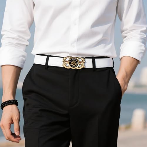 Image of Designer Men's Belts, Ratchet Leather Sliding Buckle Dress Belt | 1 3 /8 inch(3.5cm) Genuine Leather Adjustable Strap, Automatic Ratcheting Buckles, Gift‑Boxed, Trim to Fit, for Business Casual