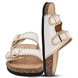 YOKI GIAN-218 Comfortable Sandals For Women With Woven Stitch Detail - Double Buckle Slides For Women With Cork Sole, Versatile Stylish Womens Sandals (White, Size 10)