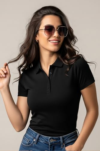 Image of JUNEBERRY Pure Cotton Regular Fit Plain Solid Classic Polo Collar Half Sleeve T-Shirt for Women (Colors: Olive, Maroon, Navy, Black, Green & Orange)