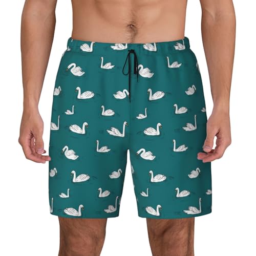 Men's Cute Swans Print Quick-Dry Mesh Swim Trunks Stretch Lining Beach Shorts Surfing Summer Vacations Black2