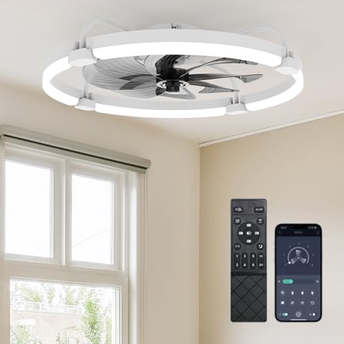 Ensenior Ventilador de Techo con Luz Silencioso, 60cm Lámpara Ventilador Techo con Aspas Desmontables, Motor DC, Plafón LED Regulable con Memoria y APP, 6 Velocidades para Dormitorio y Salón - Blanco