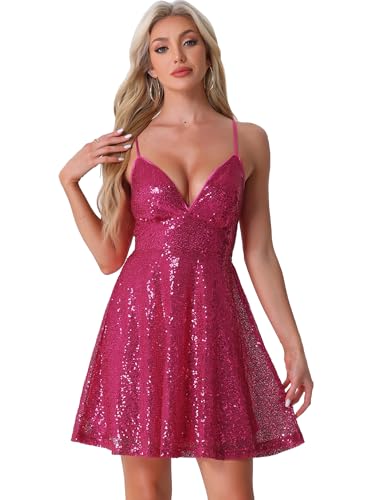 Image of Allegra K Glitter Sequin Dresses for Women's Spaghetti Strap Tie Back Backless Mini Party Dress Clubwear