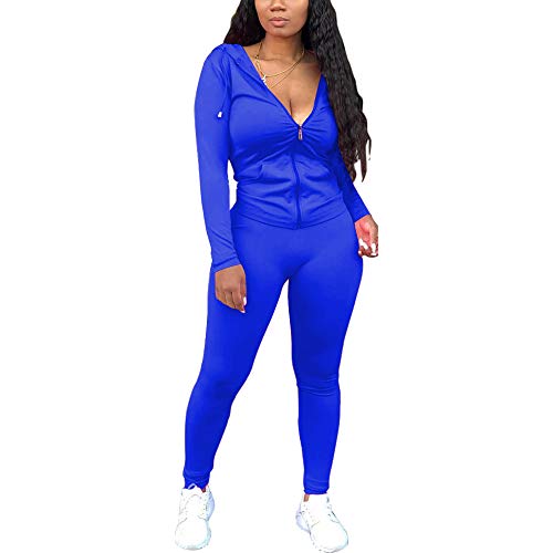 WOOSEN Women's Casual 2 Piece Outfits Solid Long Sleeve Zip-up Hoodie & Skinny Pants Tracksuits Bodycon Jumpsuits Sweatsuit Blue, Large