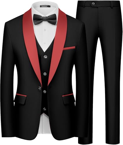 WULFUL Mens 3 Piece Suits Slim Fit Tuxedo Suit Set One Button Shawl Lapel Blazer Jacket Vest Pants Set for Prom Business