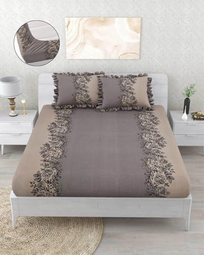 Image of 350 TC Premium Heavy Cotton Feel Elastic Fitted Bedsheet King Size with 2 Frill Pillow Covers King Size || Double Bed with All Around Elastic (Coffee Frill, Queen)