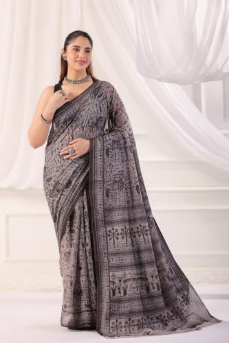 Image of TAMAIRA FASHION Off White Mulmul Pure Cotton Saree For Woman Warli Printed|Office Wear Daily Wear Sarees For Women Without Blouse Piece (Available in 21 Colours)