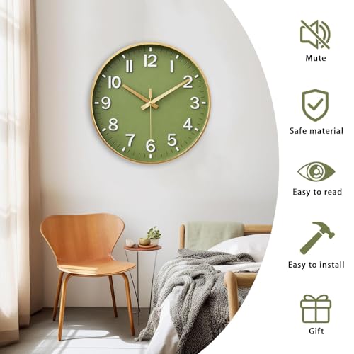 Image of HZDHCLH Wall Clocks Battery Operated,Wall Clock Green Gold,10 inch Wall Clock Silent Non Ticking Modern 3D Numbers for Kitchen Bedroom Living Room Office Classroom Decor