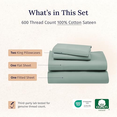 California Design Den Luxury King Size Sheet Set - 100% Cotton, 600 Thread Count Deep Pocket King Sheets, Hotel-Quality Bedding with Sateen Weave (Sage Green - Cool Tone)
