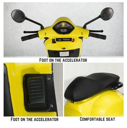 SKYA STAR 12V Vespa Rechargeable Battery Ride-On Scooter for Kids with Remote Control, Music, LED Lights & Training Wheels - Safe & Fun Electric Motorcycle for Ages 1-6 - Yellow