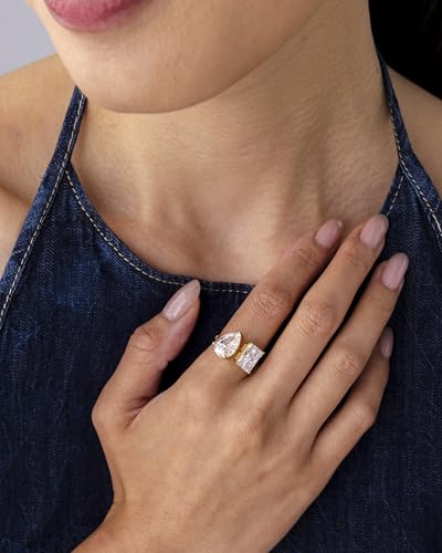 PAVOI 14K Gold Plated Toi Et Moi Radiant-Cut Pear-Shaped Cubic Zirconia Fake Wedding Engagement Ring for Women - Statement Promise Ring4