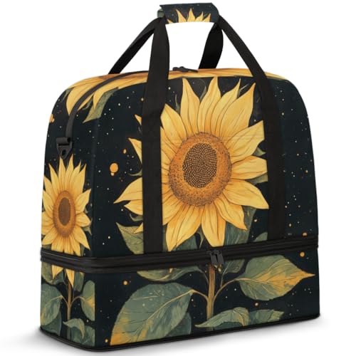 Yellow Sunflower Sports Gym Duffel Bag for Men Women Floral Black with Shoe Compartment Weekender Overnight Bags Travel Bag Carry on Backpack for Swim Fitness Workout