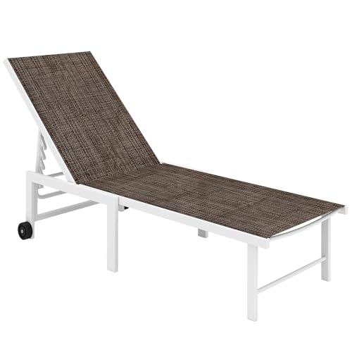 Outsunny Tumbona Reclinable, Tumbona Jardín Exterior con Respaldo Regulable en 5 Niveles, Ruedas y Marco de Acero, para Patio, Balcón, Terraza, Soporta 120 kg, 166x60x84 cm, Marrón