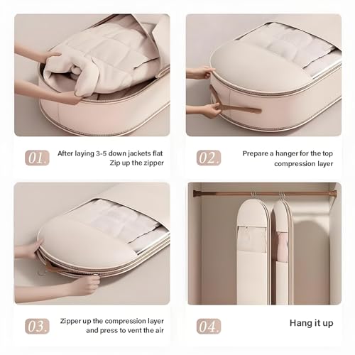 Space Saving Hanging Garment Bag with Self Compression Zipper, 2025 New Space Saving Hanging Protector, Space Saver Closet Organizers,Dust Cover Clothes Bags for Down Coat(Beige,X-Large)4