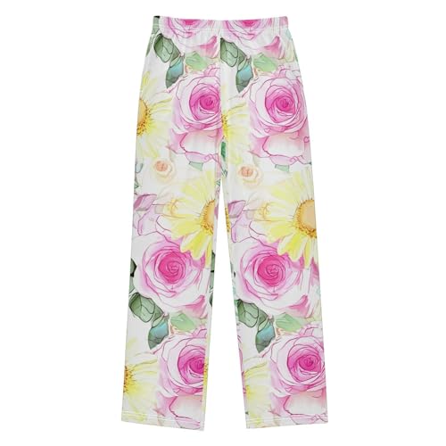 J JOYSAY Rose Floral White Pajamas Pants Soft Long Pajama Bottoms Lounge Sleep Pants Size S-XL