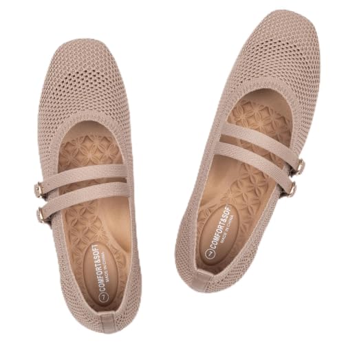 Image of Frank Mully Women's Flats Square Toe Mary Jane Shoes Ballet Flats with Strap Comfortable Slip On Knit Shoes Dressy Casual