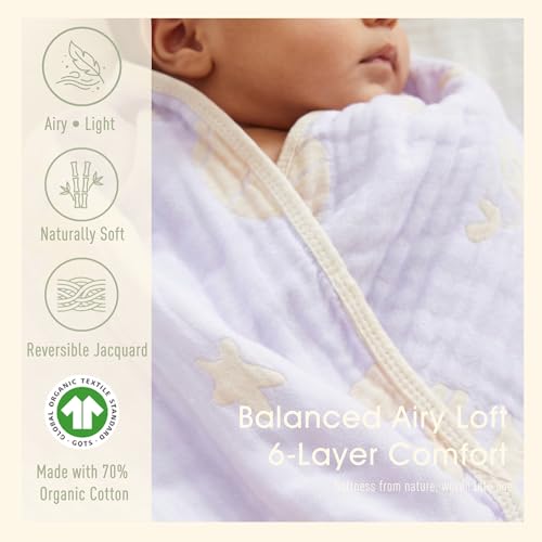 Image of 6-Layer Muslin Baby Blanket Made with Organic Cotton - Serene Ocean Life & Sea Wonders Theme,Swaddle & Crib Quilt, 43 inch x 43 inch,Lavender Ocean