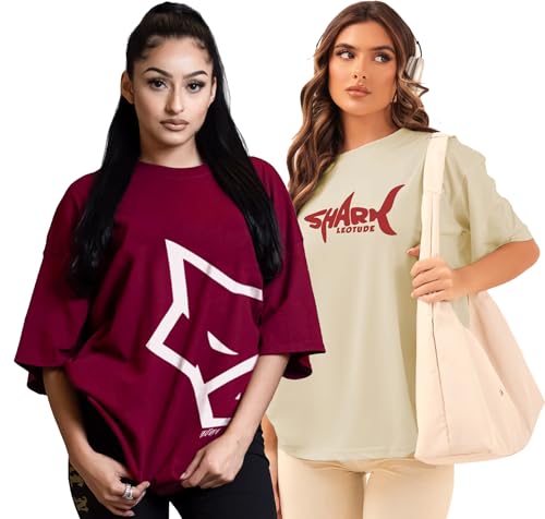Image of LEOTUDE Cottonblend Oversized Half Sleeve Colorful Printed Combo T-Shirts for Women (Pack of 2)