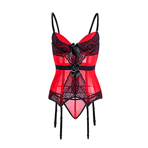 SxyBox Sexy Corsé de Encajes con Liguero para Mujer Vintage Bustier Conjuntos de Lencería Erótica Babydoll Ropa Interior con G-String,Rojo