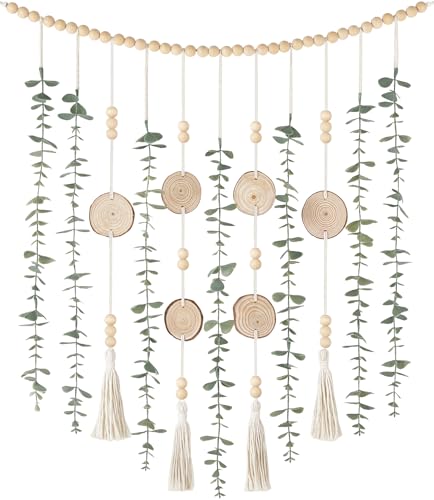 Dahey Hanging Artificial Plant Eucalyptus Wall Decor 31 Wooden Bead Garland with Fake Greenery Leaves Boho Rustic Farmhouse Wall Art for Bathroom Office Living Dining Room Bedroom Kitchen Decoration