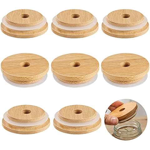 DOERDO 8pcs 70MM Bamboo Jar Lids with Straw Hole Reusable Bamboo Mason Jar Lid Drinking Storage Lid Leak-Proof Lids for Wide Mouth Mason Jar Cover