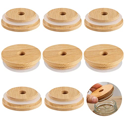 Doerdo 8 Stück 70 mm Bambusglasdeckel mit Strohhalmloch, wiederverwendbar, Bambus-Einmachglasdeckel, auslaufsichere Deckel für Einmachgläser mit breiter Öffnung Cover
