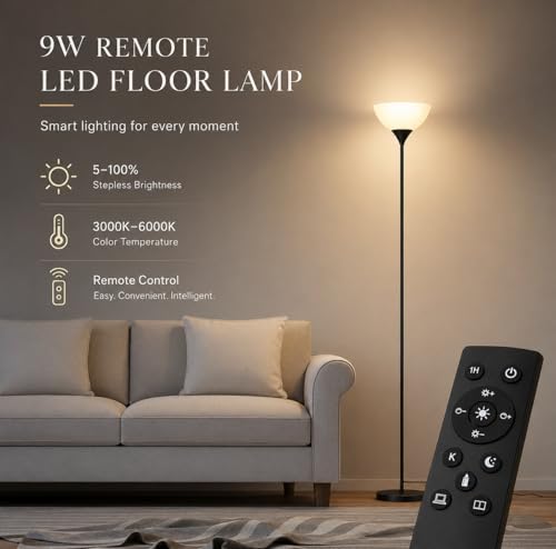 PESRAE Floor Lamp, Remote Control with Stpeless Color Temperatures and Brightness, Torchiere lamp for Bedroom, Living Room, Bulb Included (Matte Black) - Image 6
