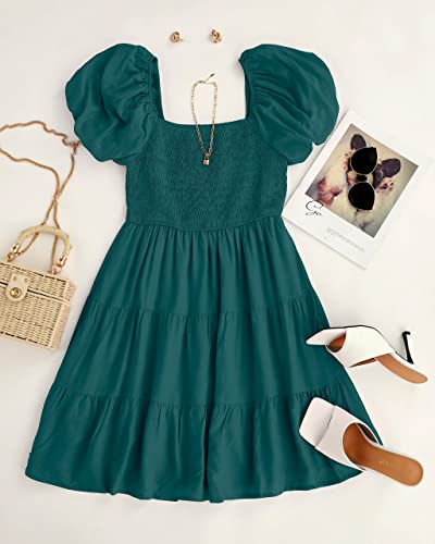 Image of ZESICA Women's Boho 2026 Summer Square Neck Puff Sleeve Off Shoulder Smocked Tiered Casual A Line Short Mini Dress