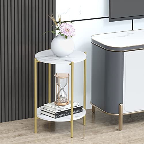 Wisfor END TABLES Sintered Stone End Table: 2 Tier Round White Sofa Side Table thumb #6