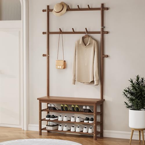 Bamboo Hall Tree Entryway Bench with Coat Rack, Walnut | 6-in-1 Entryway Organizer 13 Coat Hooks Bamboo Construction Shoe Storage Bench Freestanding Coat Rack Mudroom & Bedroom Use