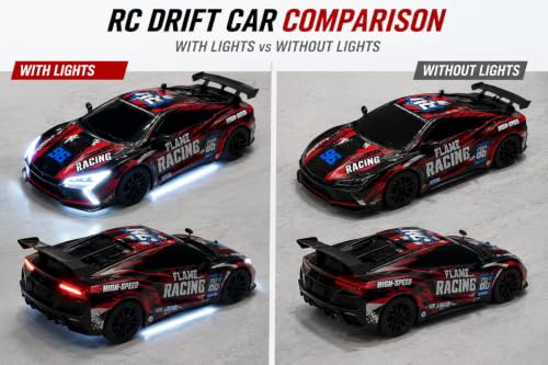 Image of RC Drift Car 1:16 Scale, 25KM /H High-Speed Remote Control Car, 2.4GHz Drift with Sparkling Racing Vehicle with LED Lights, Replaceable Drift Tyres, Spare Wheels & Cones (Nitro)