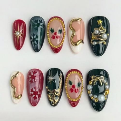 Christmas Press on Nails Medium Almond Nails Press on with Cute B...