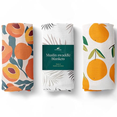 Image of San Francisco Baby Muslin Swaddle Blankets, 3-Pack - Soft Bamboo Rayon and Cotton Receiving Blankets for Boys & Girls - Adorable Fruits Design