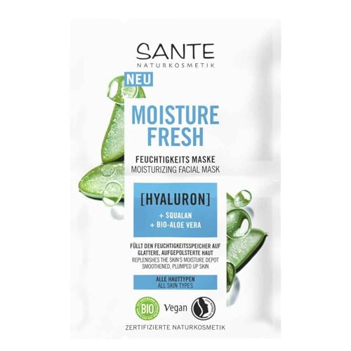 SANTE Naturkosmetik Moisture Fresh Feuchtigkeitsmaske mit Hyaluron, Squalan & Bio-Aloe Vera, nährende Gesichtsmaske, pflegende Maske für intensive Feuchtigkeitspflege und geschmeidige Haut, 2x4ml