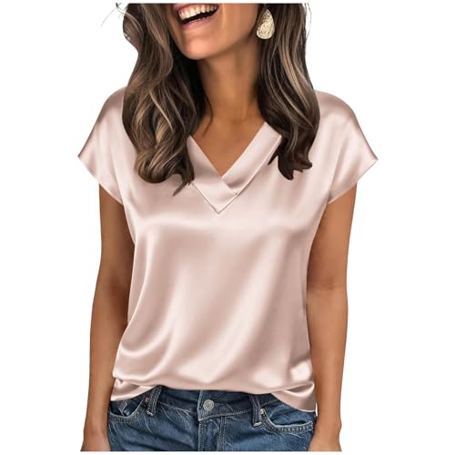 Satin T Shirt V Neck Silk Satin Short Sleeve Silk Blouse Summer Casual Office Work Shirt Classy Casual Outfits Ladies Top Blouses Ladies Tops for Party Evening Formal Occasions Pink