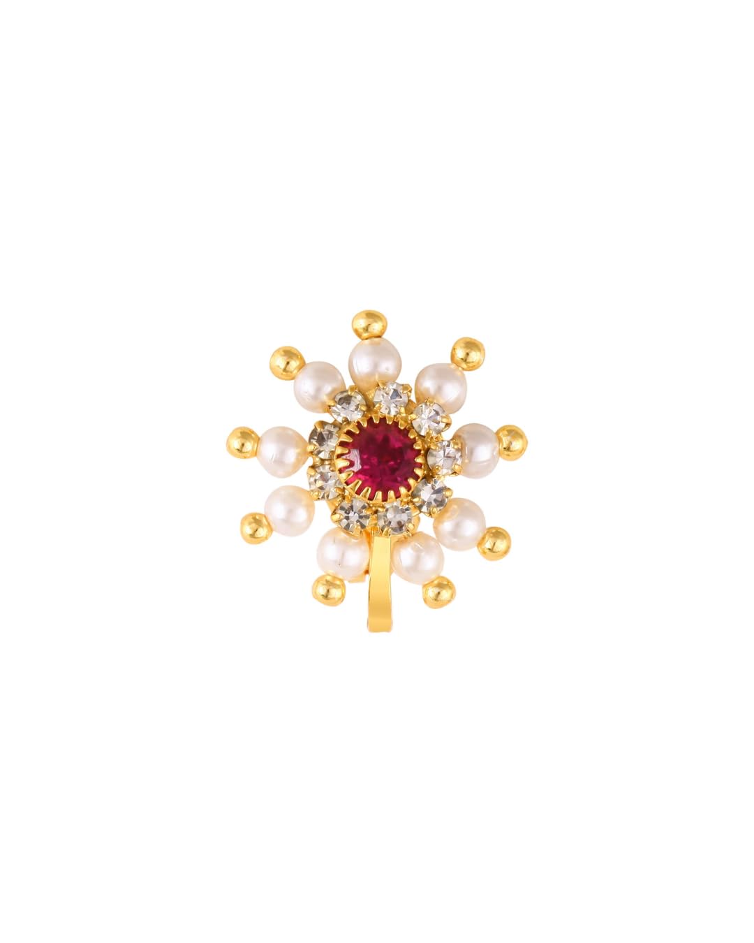 Traditional Floral Press Fit Nose Pin with Ruby Red Stone, Pearls and Crystals, Gold Tone Finish, Non Pierced Clip On for Weddings and Festivals-image-5