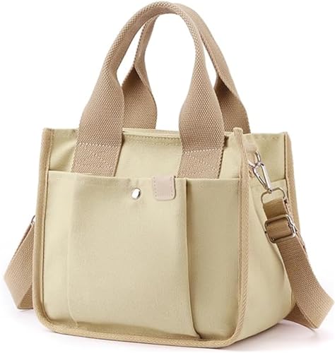 Image of Small Canvas Tote Bag with Zipper, Canvas Multi-Pocket Crossbody Bag Purse Top Handle Satchel Handbags