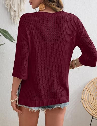 Image of Rapbin Women's Crochet V Neck Beach Cover Up 3 /4 Sleeve Hollow Out Knitted Pullover Sweater