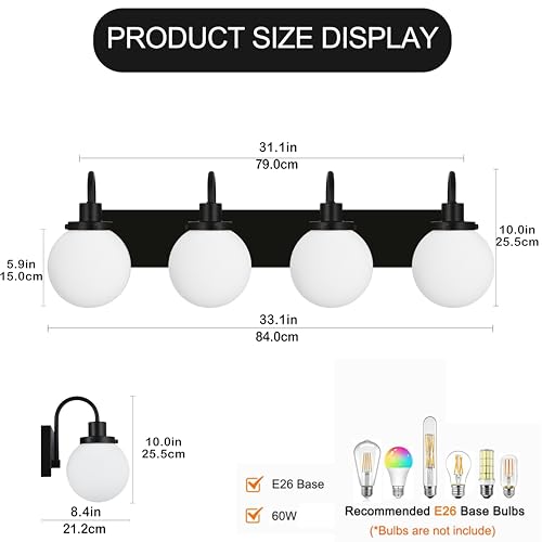 Image of Yaohong Bathroom Light Fixtures Over Mirror, 4-Light Matte Black Vanity Light with Milk White Globe Glass Shade, Mid Century Modern Vanity Lighting Fixtures