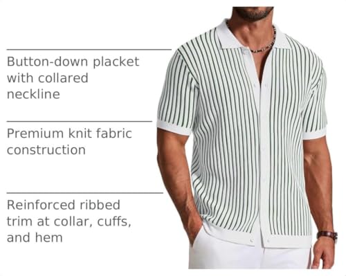 Image of COOFANDY Mens Knit Button Down Shirts Short Sleeve Polo Shirt Vintage Striped Casual Shirts