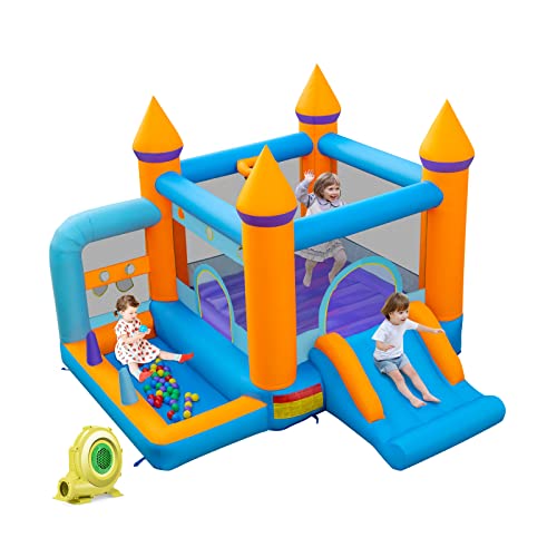 COSTWAY Castello Gonfiabile 5 in 1 con Soffiatore 735W, Casa Gonfiabile per Bambini con Scivolo, Trampolino, Piscina e 50 Palline, Lancio di Anelli e di Palline, Canestro da Basket, 337x325x256 cm