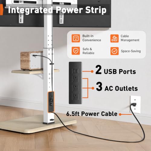 Image of Perlegear Floor TV Stand with Power Outlet, Universal TV Stand for 32-75 inch TVs up to 110 lbs, Tall TV Mount for Bedroom with Shelf, Wood Base, Height Adjustable, Max VESA 600x400mm, White, PGFS06W