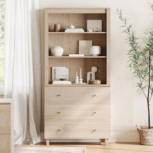 Image of WAMPAT 71 inch Tall Bookcase with 3 Drawers & Open Shelves, Modern 3-Tier Bookshelf with Adjustable Shelf, Floor Standing Wooden Display Book Shelf for Home Office, Living Room, Bedroom, Light Oak
