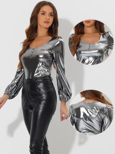 Image of Allegra K Metallic Blouse for Women's Sparkly Party Club Shiny Bishop Sleeve Disco Glitter Tops