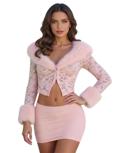 Image of Women Sexy 2 Piece Outfits Rave Tie-up Feather Trim Fur Long Sleeve Cardigan Deep V Blouse