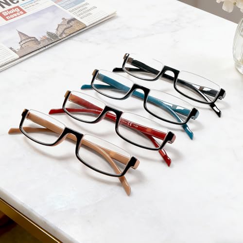 Image of Henotin 4 Pair Reading Glasses for Women Men Readers Half Moon Frame Blue Light Blocking Spring Hinge Eyeglasses (Mixed Color, 3.50, x)