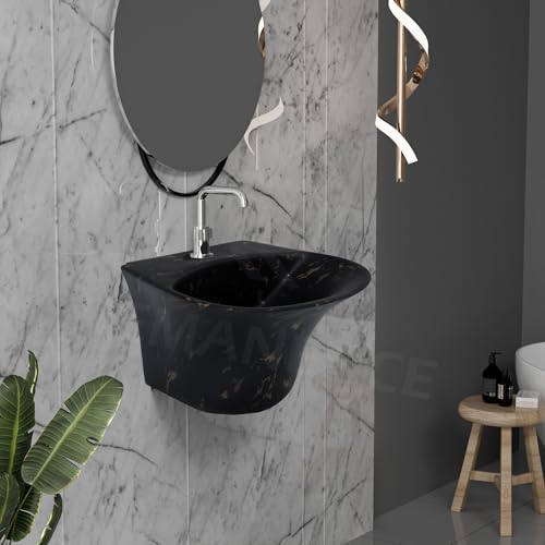 Image of REMANENCE Luxury Wall Mount Half Pedestal Wash Basin for Bathroom | Designer Wall Hung Basin | Wall Mounted Washbasin for Resturent, Hotels (16 x 16 x 11 Inch) (Black Gold Spot)