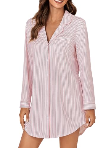 OPOIPIN Women's Striped Nightgown Collar V Neck Button Down Long Sleeve Sleep Shirt Top Nightdress4