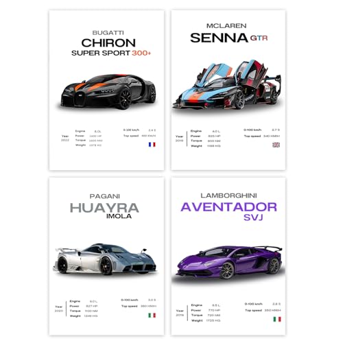 Fychuo 4 Stück Auto Poster, Sportwagen Wandposter für Wall Decor, Supercar Leinwand Auto Bilder für Jungs Zimmer Deko, Supercar Wanddekoration für Büro Schlafzimmer Wohnzimmer Deko, 30×20cm