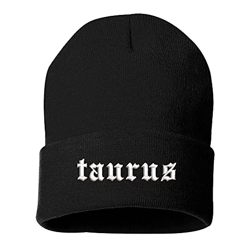 DSY Lifestyle Taurus Old English Beanie Hat - Zodiac Beanie (White)